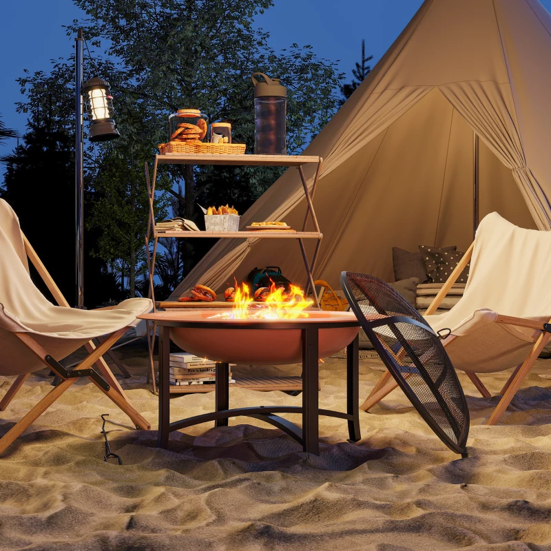 Outsunny 30" Outdoor Fire Pit Bowl, Round Fire Pit with Lid, Log Grate, Poker for Backyard, Camping, Picnic, Bronze