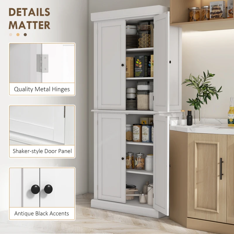 HOMCOM 72.5" Kitchen Pantry Cabinet, Freestanding Buffet Storage Cabinet with 4 Doors and Adjustable Shelves, White
