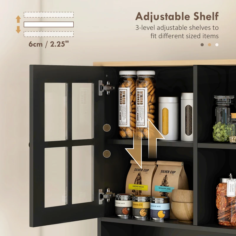 HOMCOM Kitchen Buffet with Hutch, Storage Pantry with 3 Cabinets, 2 Open Shelves and Large Countertop, Black(m-6)