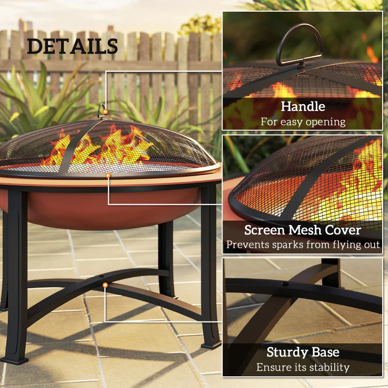 Outsunny 30" Outdoor Fire Pit Bowl, Round Fire Pit with Lid, Log Grate, Poker for Backyard, Camping, Picnic, Bronze