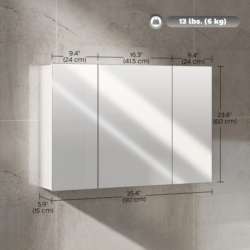 kleankin 35" x 24" Wall Mounted Mirror Cabinet, Bathroom Medicine Cabinet with Mirror, 3 Doors and Adjustable Shelves, White