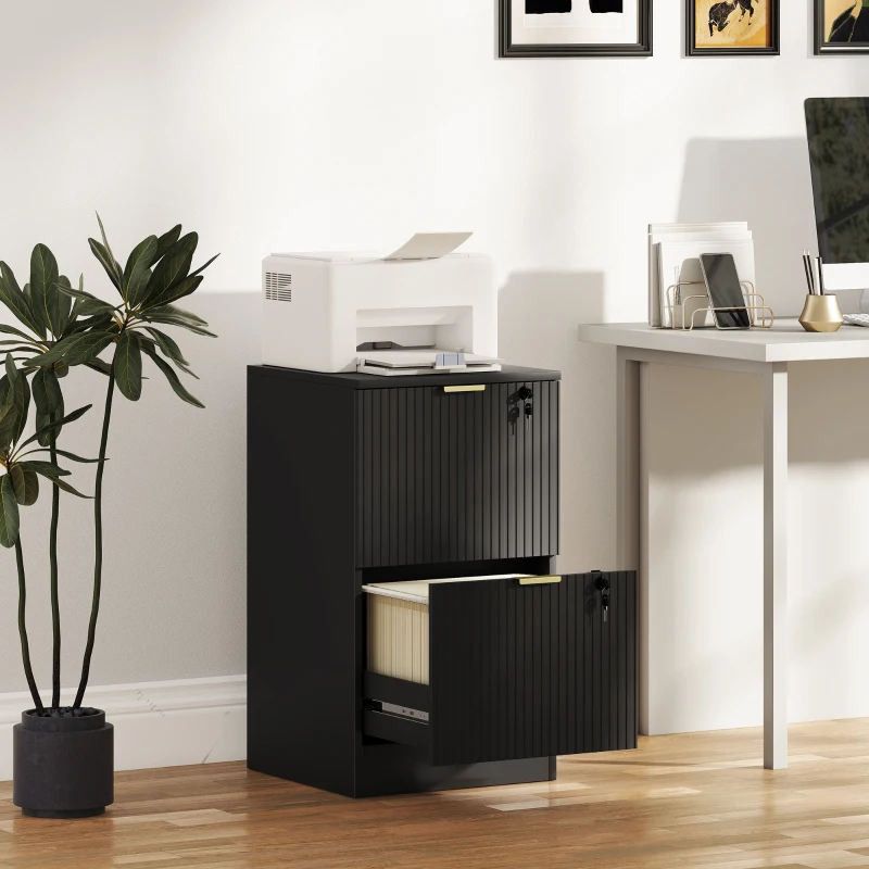 HOMCOM Lockable Filing Cabinet with 2 Fluted Drawers, File Cabinet with Adjustable Hanging Rails for A4 Letter Files, Black
