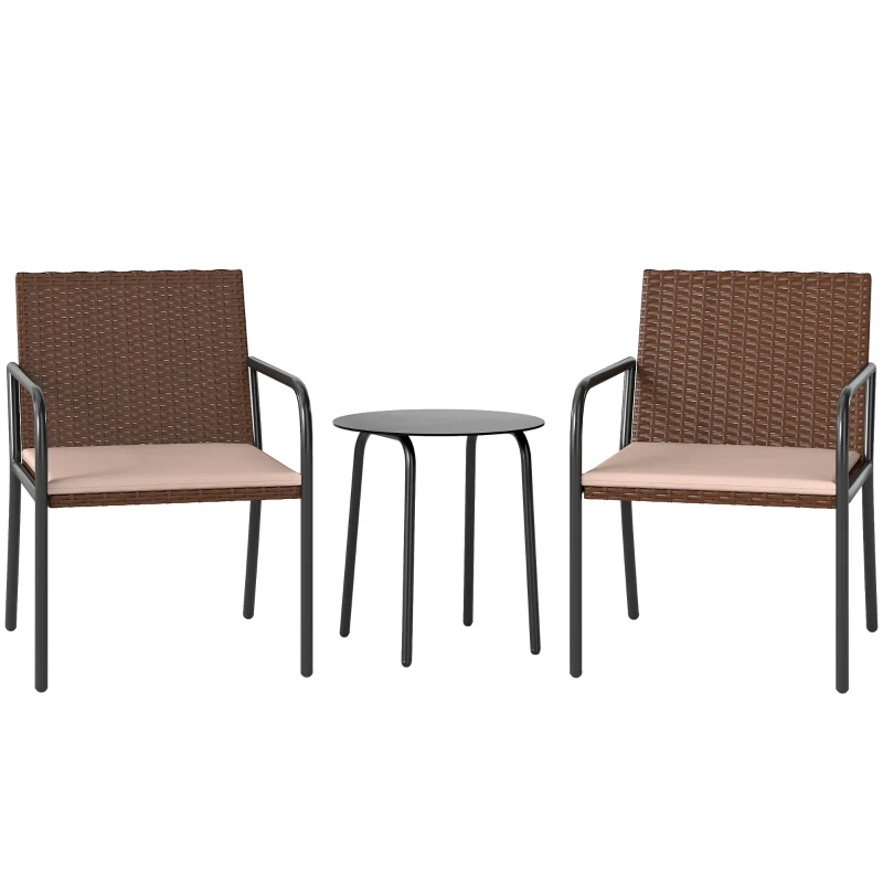 Outsunny 3 Pieces Outdoor Wicker Furniture Set with Soft Cushions Tempered Glass Coffee Table for Garden, Backyard, Khaki