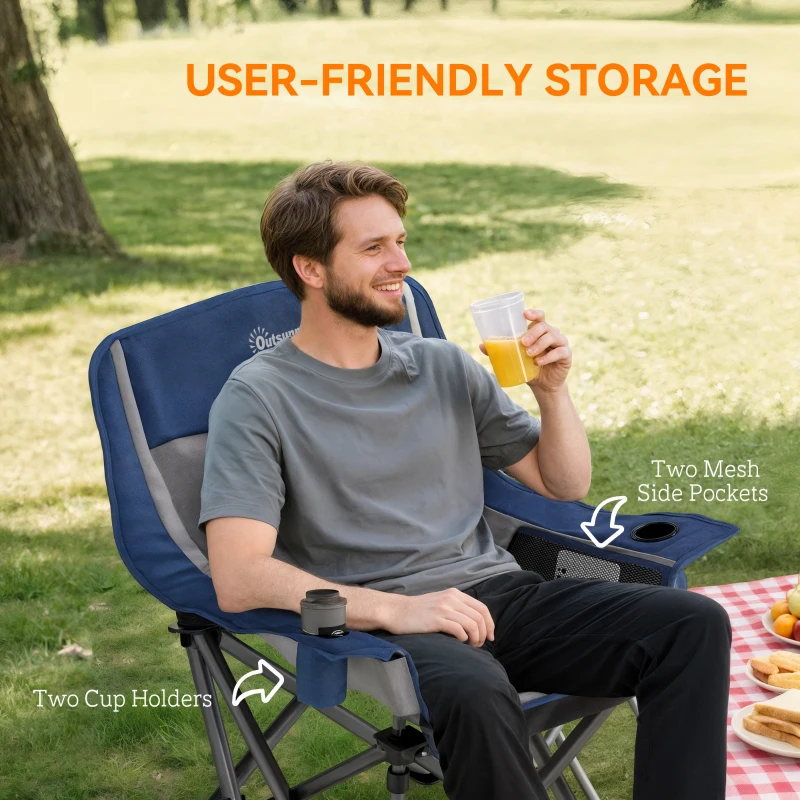Outsunny Camping Chair for Adults, Portable Folding Camping Chair with Side Pockets, Cup Holders, Carry Bag, Blue and Gray