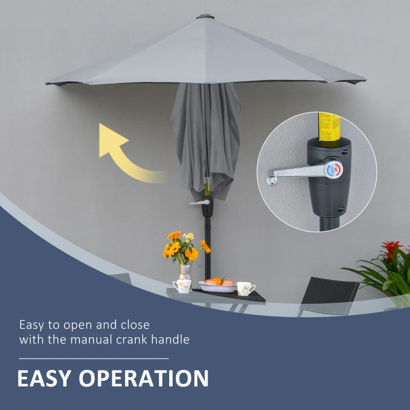 Outsunny 6.6 x 6ft Half Patio Umbrella Outdoor Parasol with Double-Sided Canopy, Crank Handle, Base for Garden, Balcony, Grey
