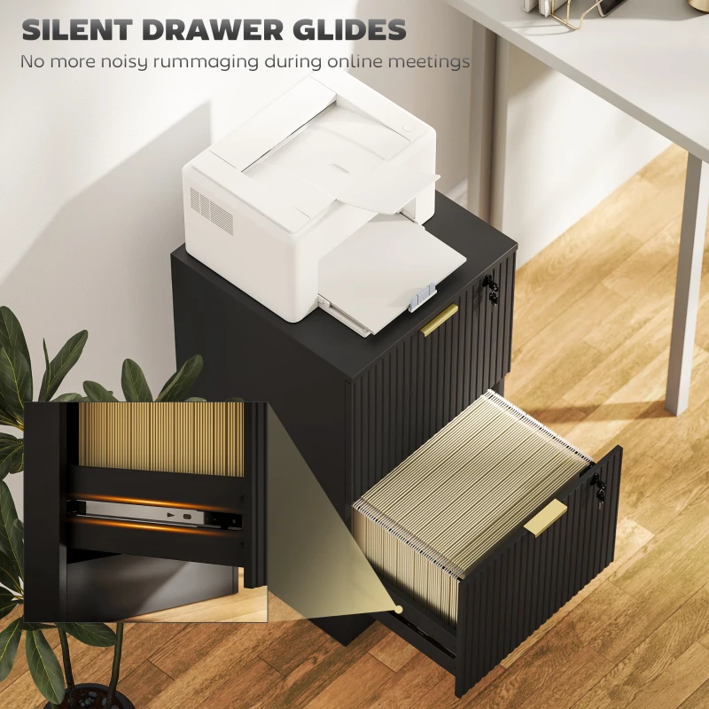 HOMCOM Lockable Filing Cabinet with 2 Fluted Drawers, File Cabinet with Adjustable Hanging Rails for A4 Letter Files, Black