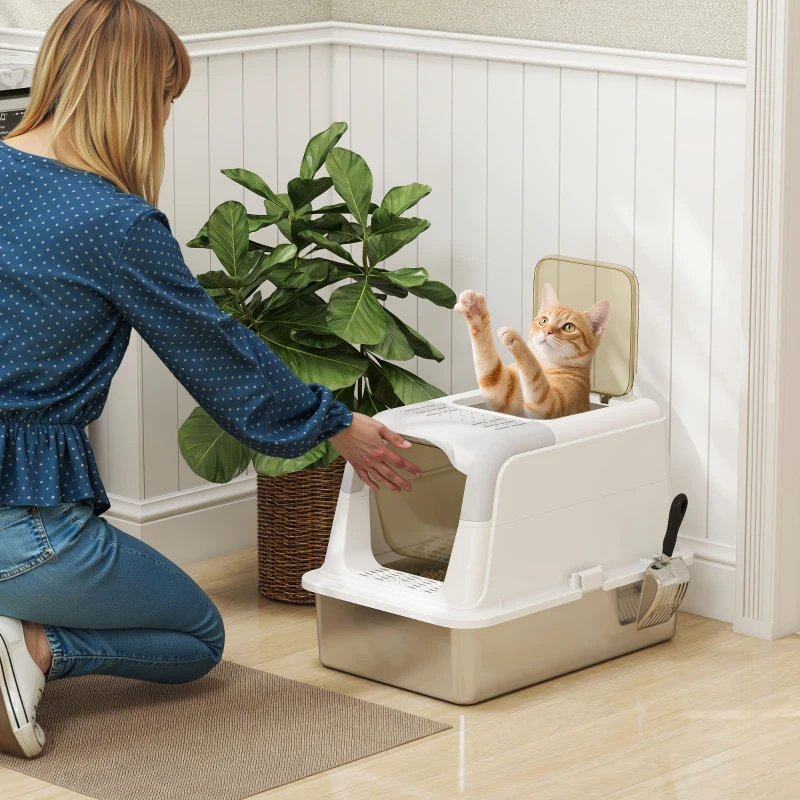 PawHut Extra Large Stainless Steel Litter Box, Enclosed Kitty Litter Box for Big Cats with Scoop, Deodorizer Bag