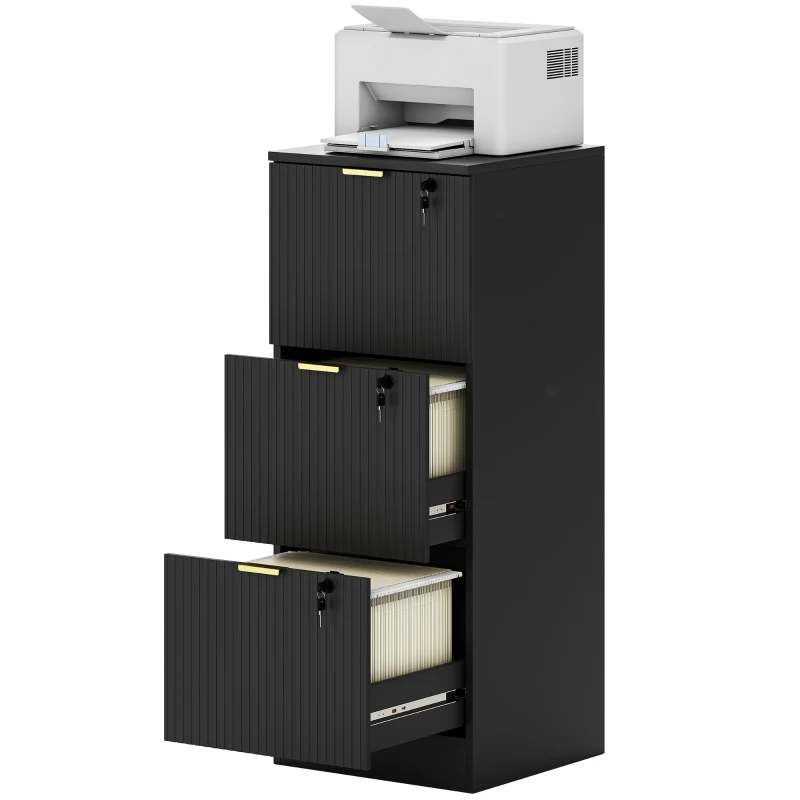 HOMCOM Lockable Filing Cabinet with 3 Fluted Drawers, File Cabinet with Adjustable Hanging Rails for A4 Letter Files, Black