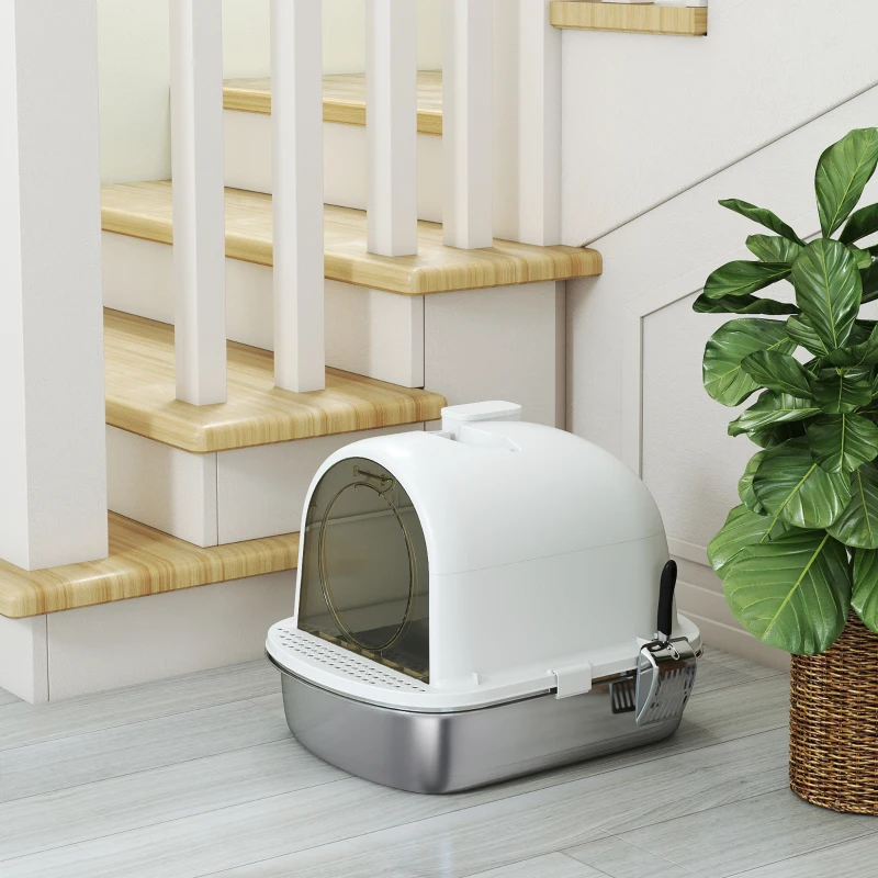 PawHut Enclosed Stainless Steel Litter Box, Metal Cat Litter Box with Scoop, Deodorizer Bag, Handle, Easy to Clean