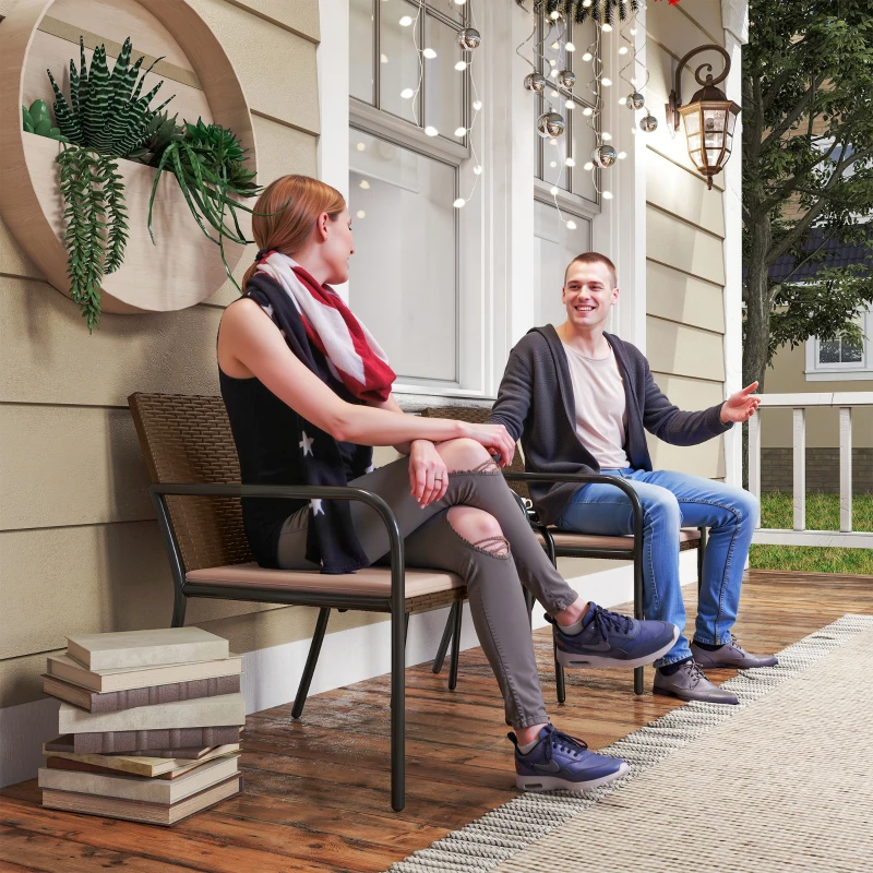 Outsunny 3 Pieces Outdoor Wicker Furniture Set with Soft Cushions Tempered Glass Coffee Table for Garden, Backyard, Khaki