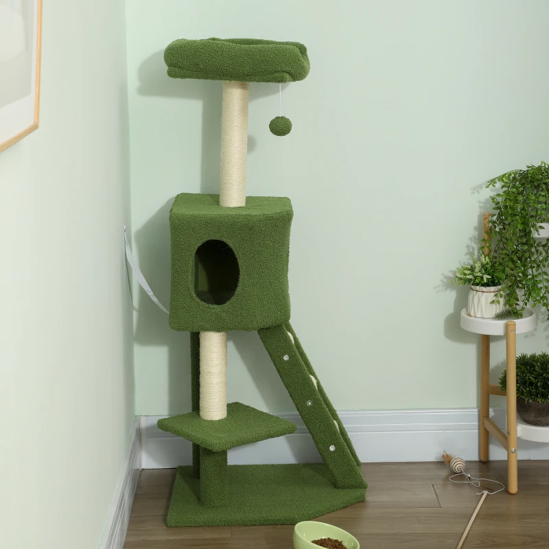 PawHut 47" Tall Cat Tree Tower with Condo, Ladder, Scratching Posts and Hanging Ball, Green