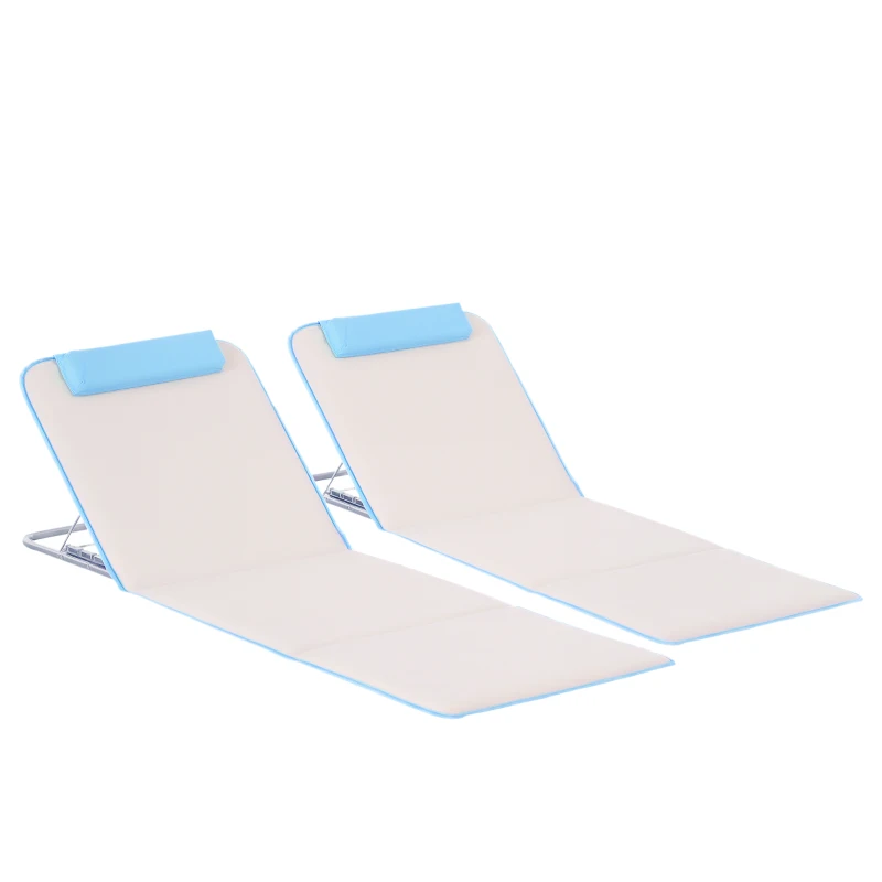 Outsunny 2 Pieces Beach Lounge Chair, Outdoor Folding Chaise Lounge Set w/ Pillow for Sunbath, Snap, Beige