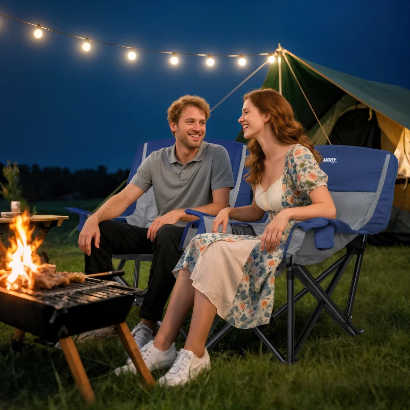 Outsunny Camping Chair for Adults, Portable Folding Camping Chair with Side Pockets, Cup Holders, Carry Bag, Blue and Gray