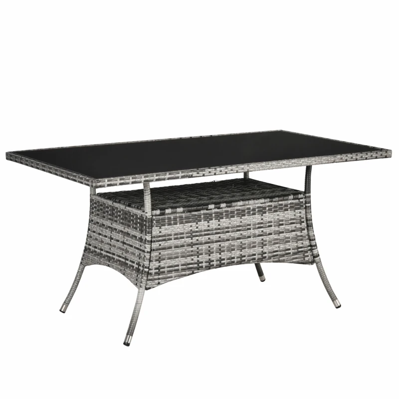 Outsunny Garden Dining Table, Patio Rattan Dining Table with Glass Top, Storage Shelf for Yard, 59" x 34" x 29", Grey