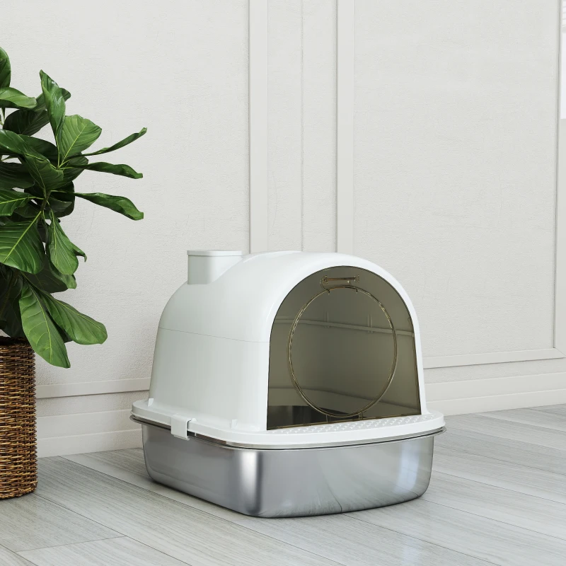 PawHut Enclosed Stainless Steel Litter Box, Metal Cat Litter Box with Scoop, Deodorizer Bag, Handle, Easy to Clean