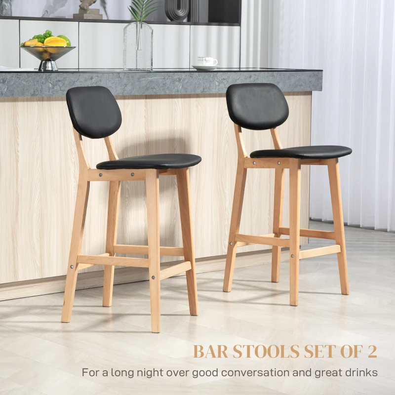 HOMCOM Bar Stools Set of 2, PU Leather Counter Height Barstools, Bar Chairs with Footrest, Solid Wood Legs, Natural and Black