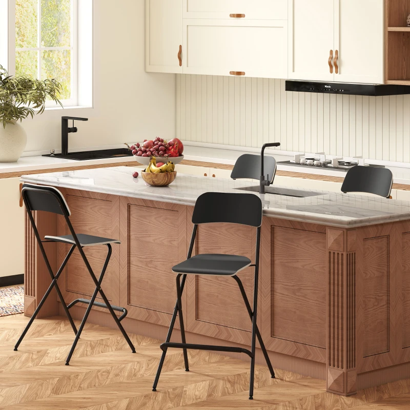 HOMCOM Folding Bar Stools Set of 2, Counter Height Foldable Stool with Wooden Effect Seat and Steel Frame for Kitchen, Black