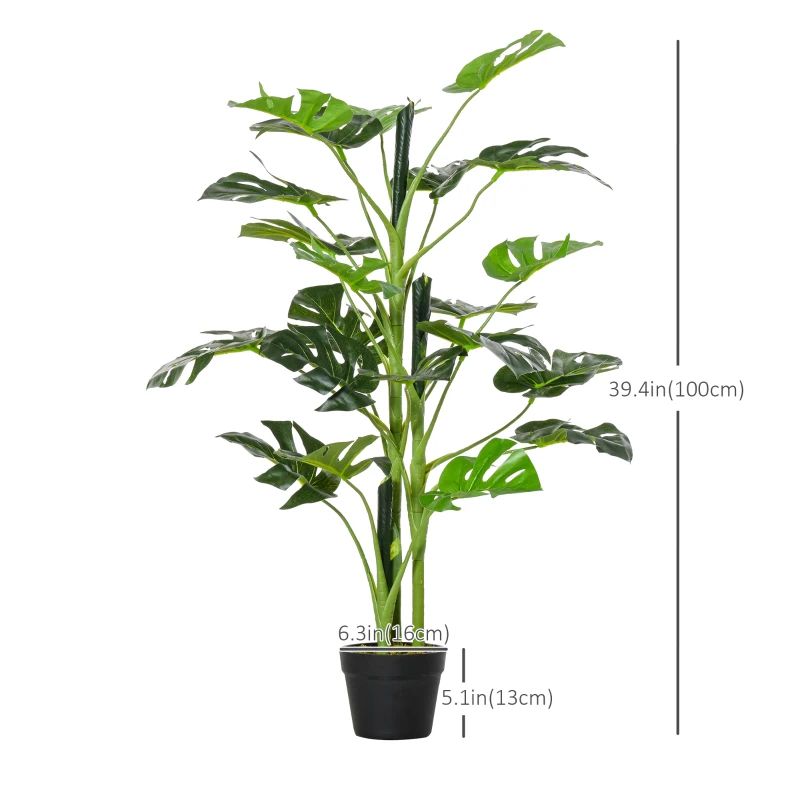Outsunny 3FT Artificial Monstera Deliciosa Tree, Faux Plant with 21 Leaves, Fake Tree in Nursery Pot for Indoor , Green