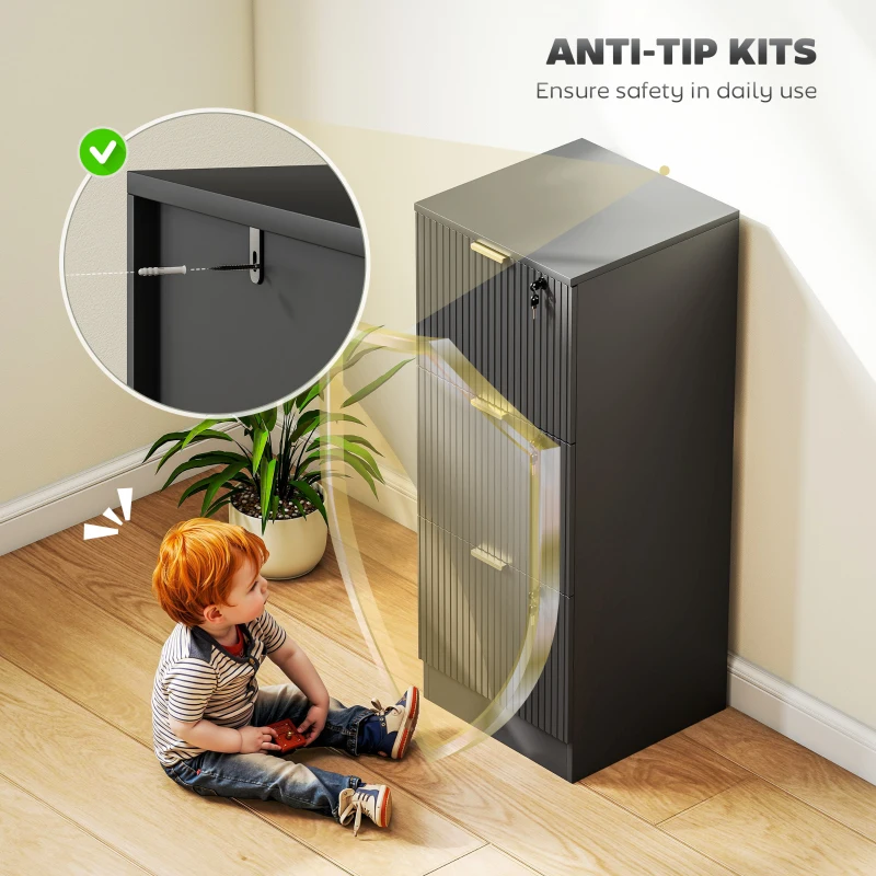 HOMCOM Lockable Filing Cabinet with 3 Fluted Drawers, File Cabinet with Adjustable Hanging Rails for A4 Letter Files, Black