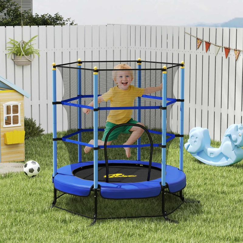 Qaba Kids Trampoline with Safety Enclosure Net and Built-in Zipper Safety Pad, Indoor Outdoor for Age 3-10 Years Old, Blue