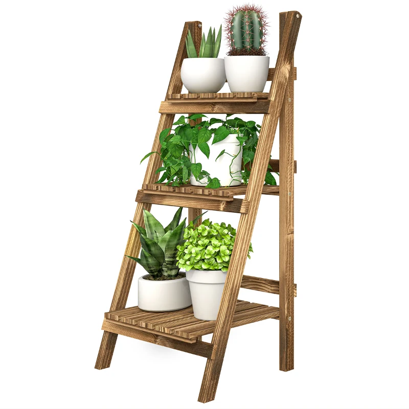 Outsunny Outdoor Plant Stand, Foldable Flower Stand 3-Tier Wooden Plant Shelf for Garden Indoor Outdoor, 16" x 15" x 37"