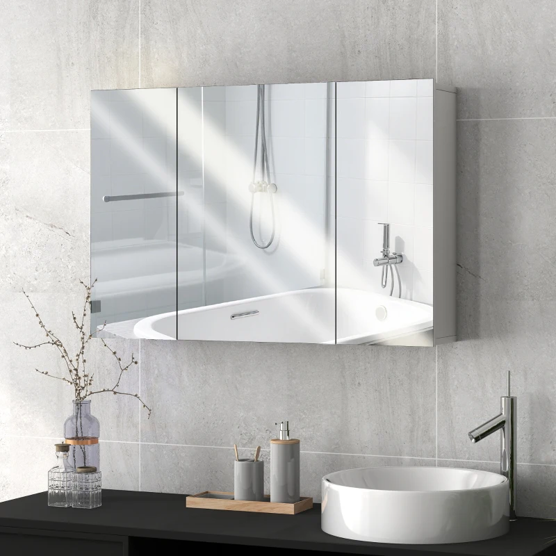 kleankin 35" x 24" Wall Mounted Mirror Cabinet, Bathroom Medicine Cabinet with Mirror, 3 Doors and Adjustable Shelves, White