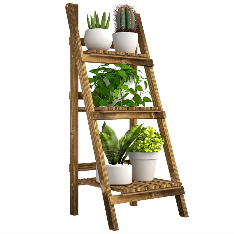Outsunny Outdoor Plant Stand, Foldable Flower Stand 3-Tier Wooden Plant Shelf for Garden Indoor Outdoor, 16" x 15" x 37"