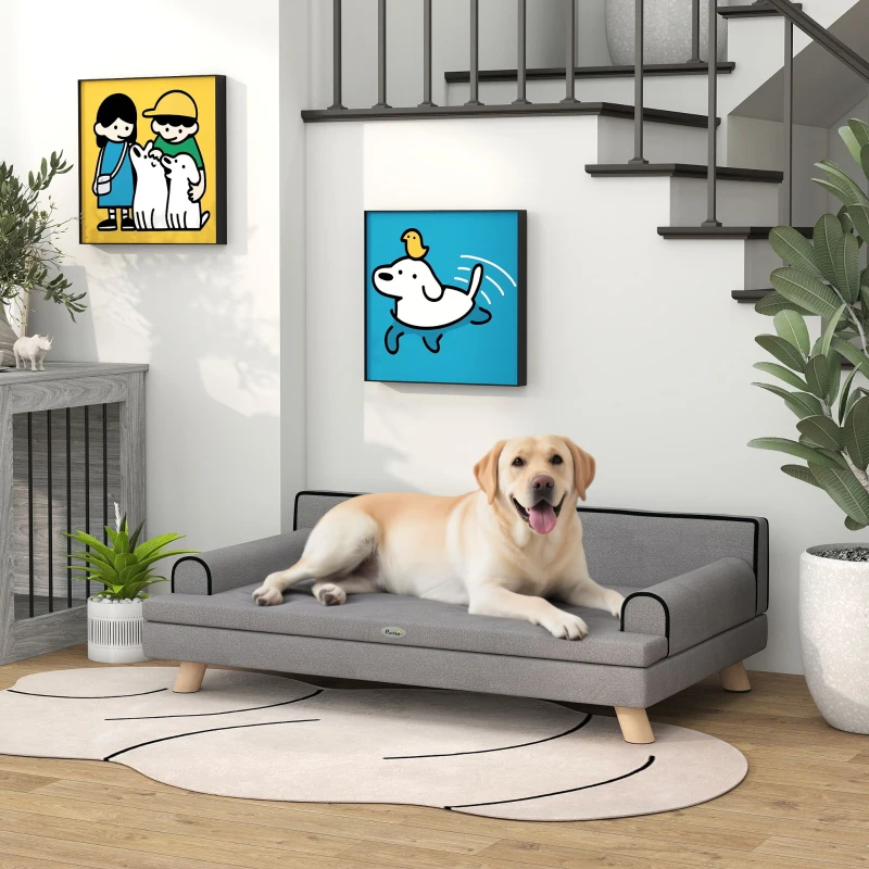 PawHut Elevated Dog Sofa Bed, Cat Couch with Cushion, Washable Cover, Wooden Legs, for Medium & Large Dogs, Light Grey