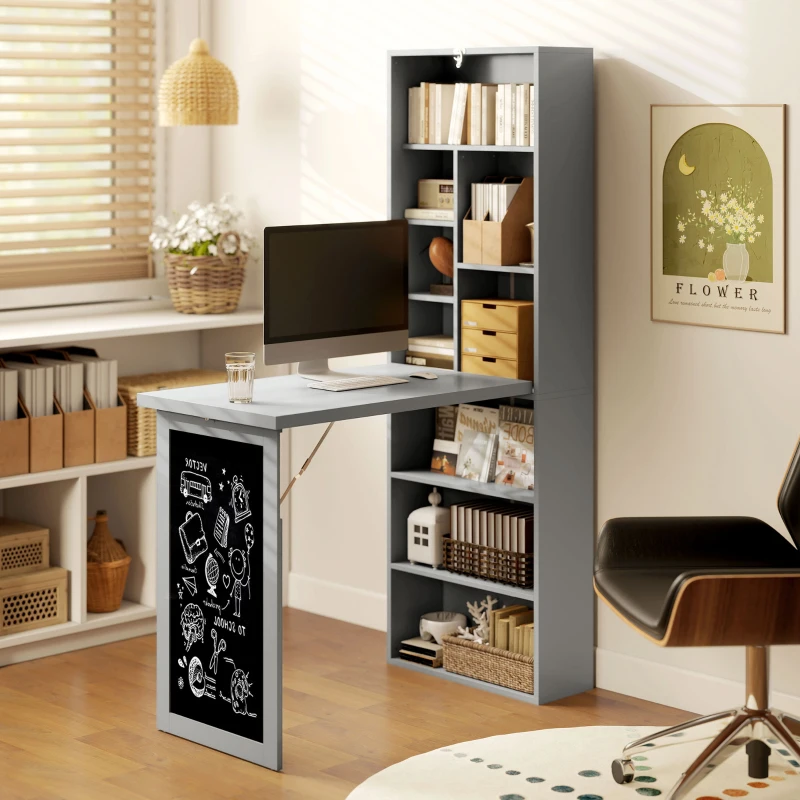 HOMCOM Fold-out Convertible Office Desk, Wall Mount Computer Desk with Blackboard and Side Shelf, Charcoal Gray