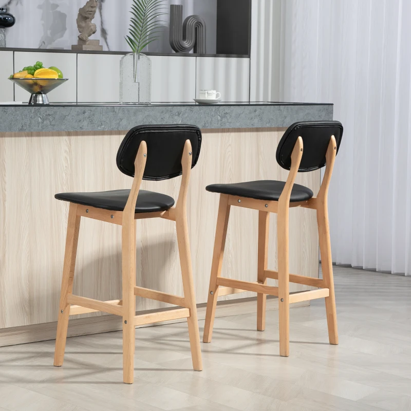 HOMCOM Bar Stools Set of 2, PU Leather Counter Height Barstools, Bar Chairs with Footrest, Solid Wood Legs, Natural and Black