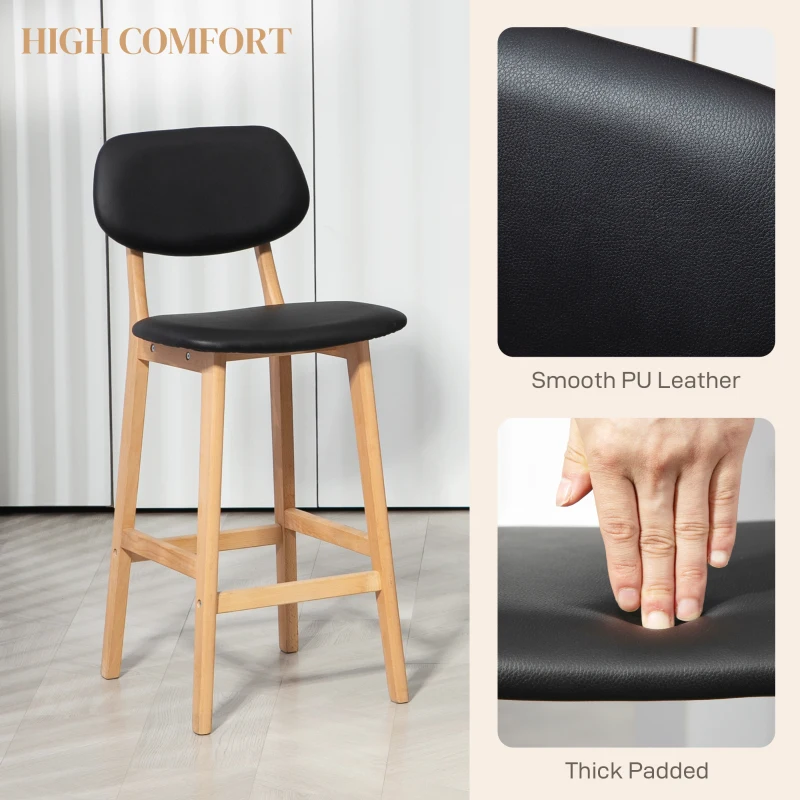 HOMCOM Bar Stools Set of 2, PU Leather Counter Height Barstools, Bar Chairs with Footrest, Solid Wood Legs, Natural and Black