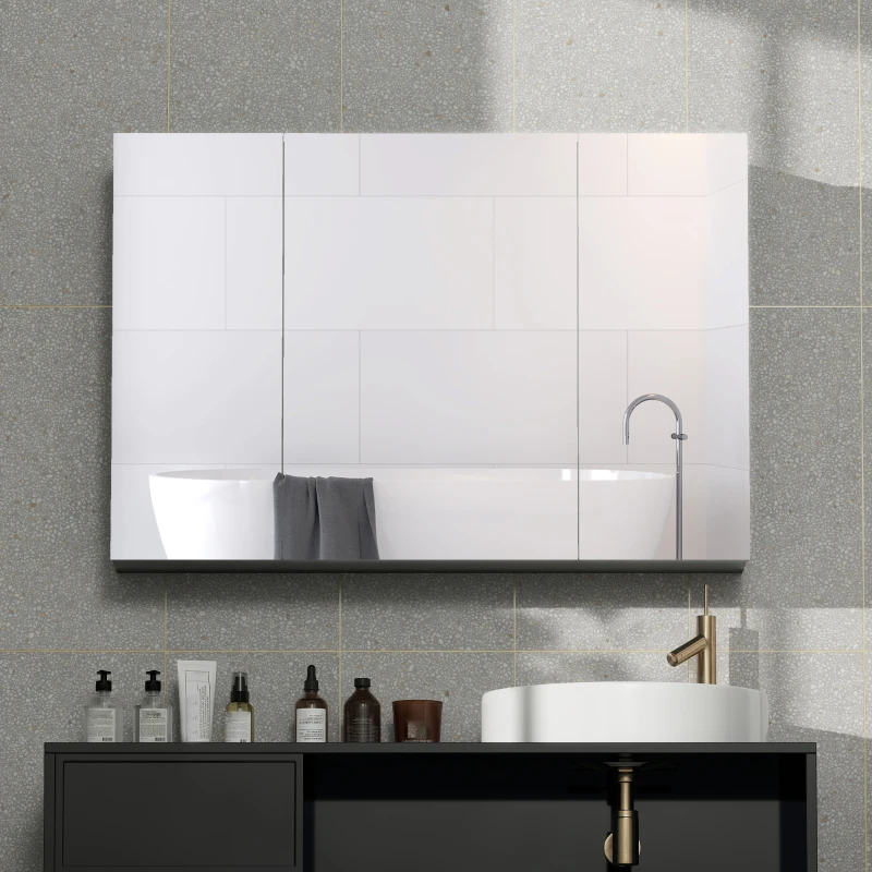 kleankin 35" x 24" Wall Mounted Mirror Cabinet, Bathroom Medicine Cabinet with Mirror, 3 Doors and Adjustable Shelves, Grey