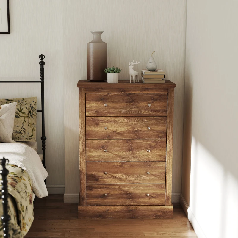 HOMCOM 31" Wide Farmhouse Chest of Drawers with 5 Drawers, Dresser for Bedroom with Wood Top for Living Room, Brown