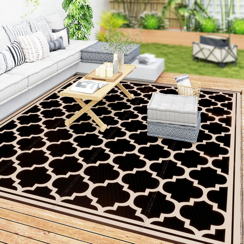 Outsunny 9'x12' Reversible Outdoor RV Rug, Patio Floor Mat, Plastic Straw Rug for Backyard, Deck, Beach, Camping, Black