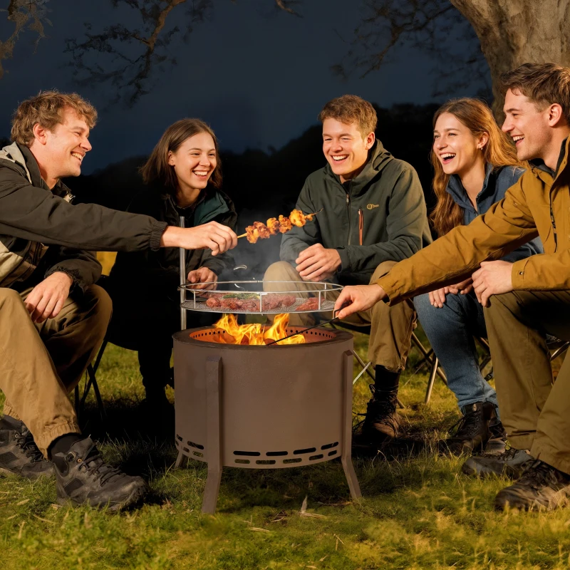 Outsunny 2-in-1 Smokeless Fire Pit BBQ Grill Portable Camping Bonfire Stove with Poker, Steel, Bronze
