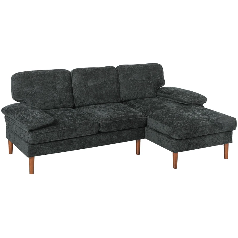 HOMCOM Modern Corner Couch with Right Chaise Lounge, Tufted 3-Seater Sofa with Wooden Legs for Living Room, Black
