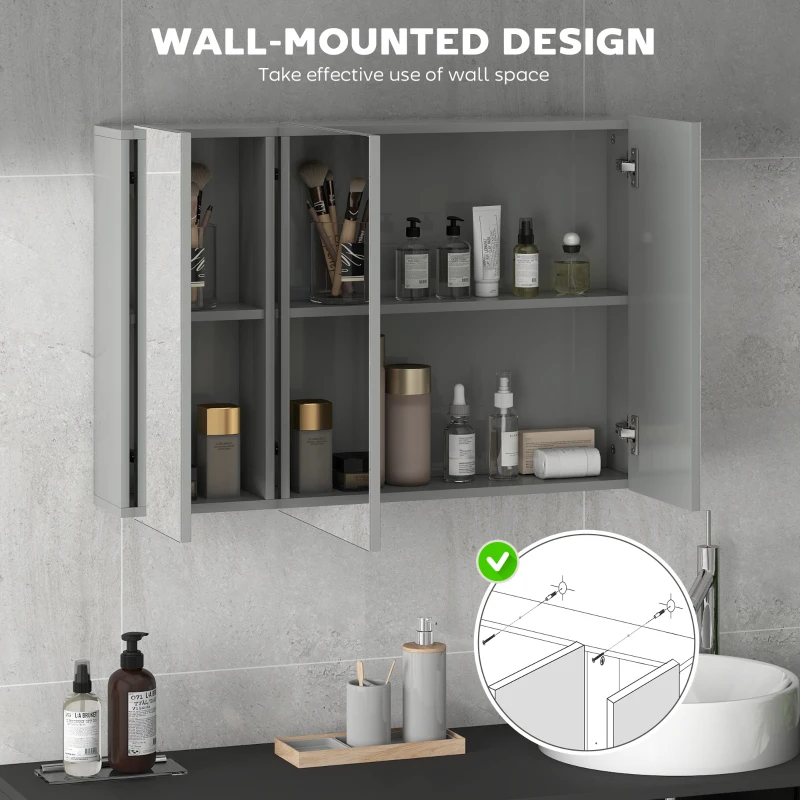kleankin 35" x 24" Wall Mounted Mirror Cabinet, Bathroom Medicine Cabinet with Mirror, 3 Doors and Adjustable Shelves, Grey
