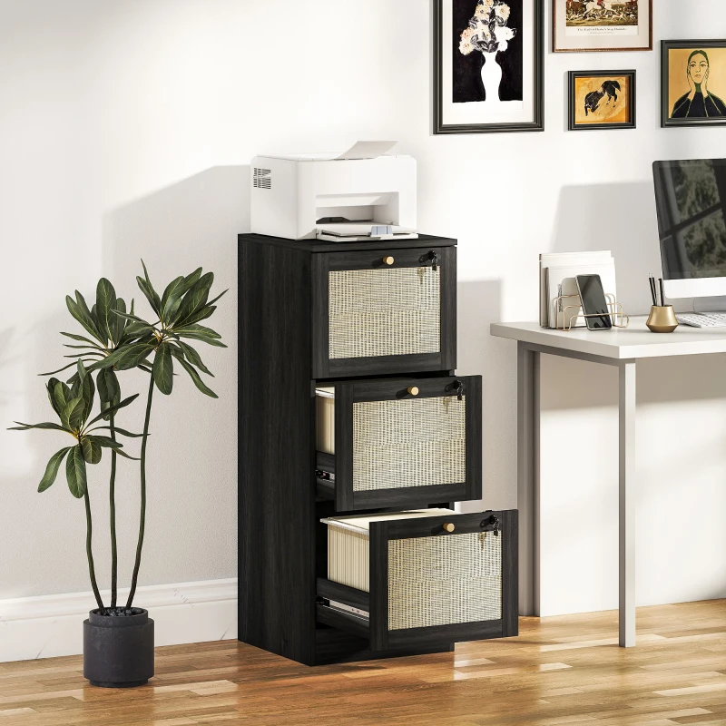 HOMCOM 3 Drawer Filing Cabinet with Lock, Boho File Cabinet for A4 Letter Size Files with Decorative Rattan Accents, Black