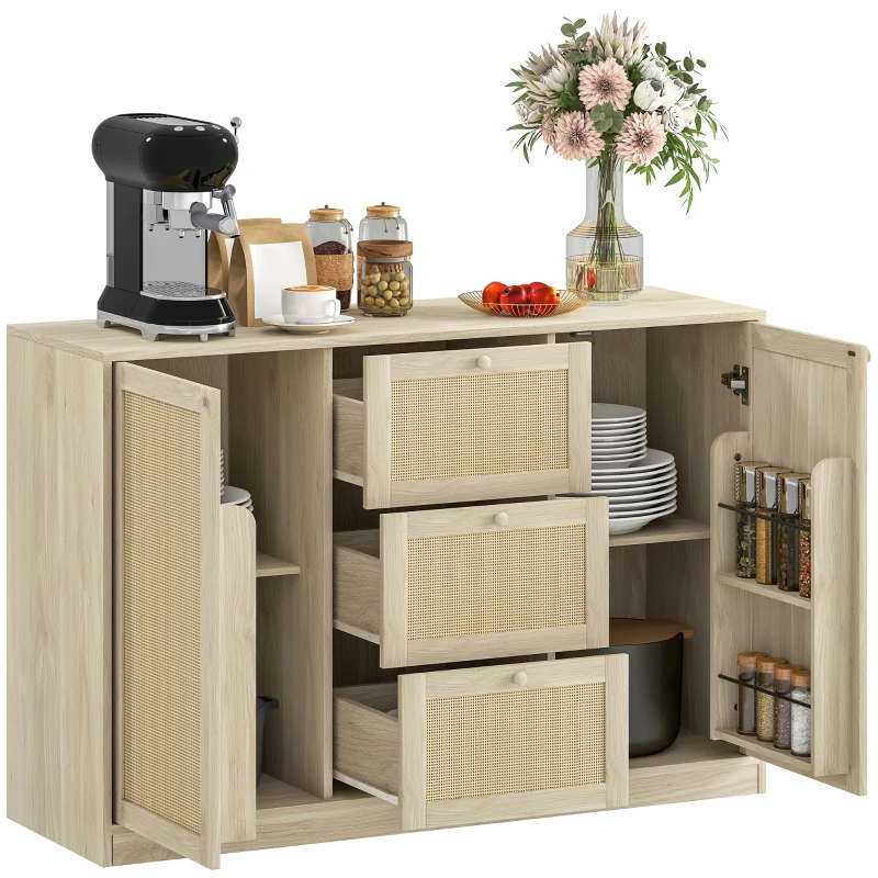 HOMCOM Boho Sideboard Buffet Cabinet, Kitchen Coffee Bar Cabinet with 3 Drawers, 2 Adjustable Shelves and 4 Racks, Natural