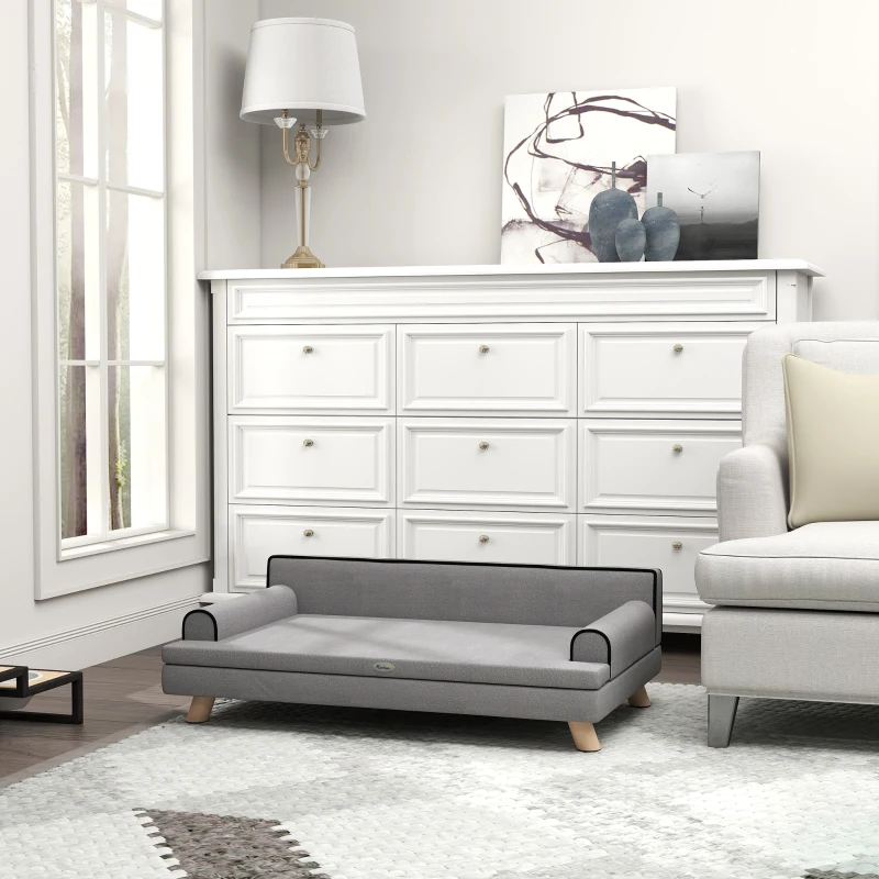 PawHut Elevated Dog Sofa Bed, Cat Couch with Cushion, Washable Cover, Wooden Legs, for Medium & Large Dogs, Light Grey
