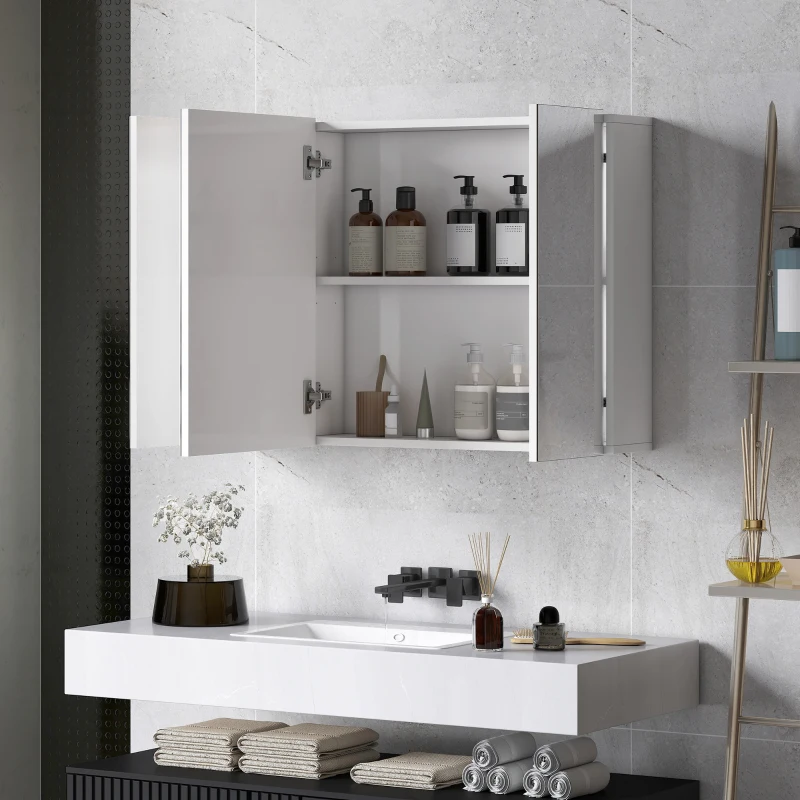 kleankin 35" x 24" Wall Mounted Mirror Cabinet, Bathroom Medicine Cabinet with Mirror, 3 Doors and Adjustable Shelves, White