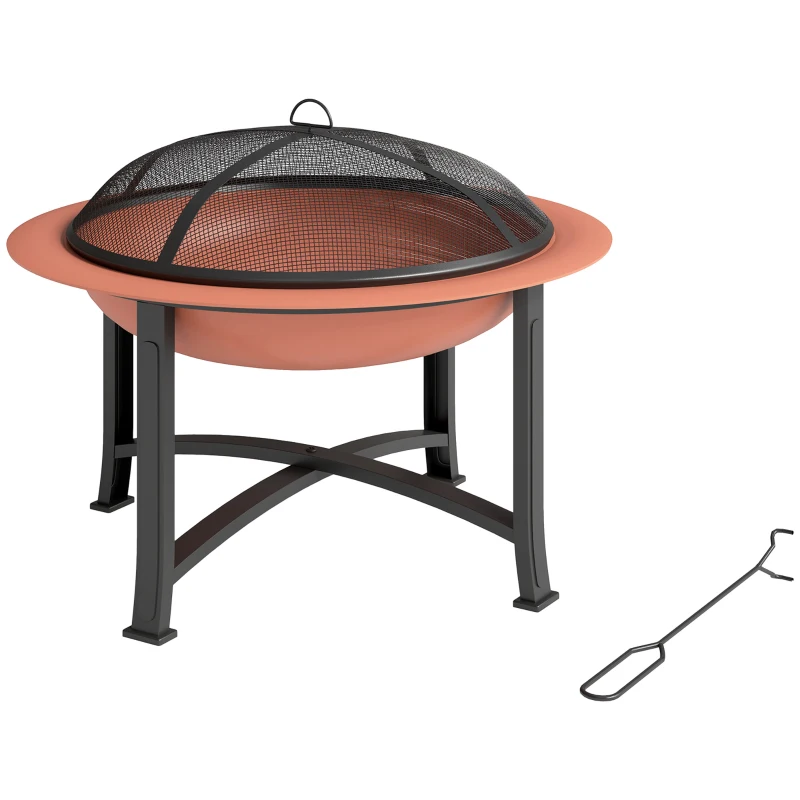 Outsunny 30" Outdoor Fire Pit Bowl, Round Fire Pit with Lid, Log Grate, Poker for Backyard, Camping, Picnic, Bronze