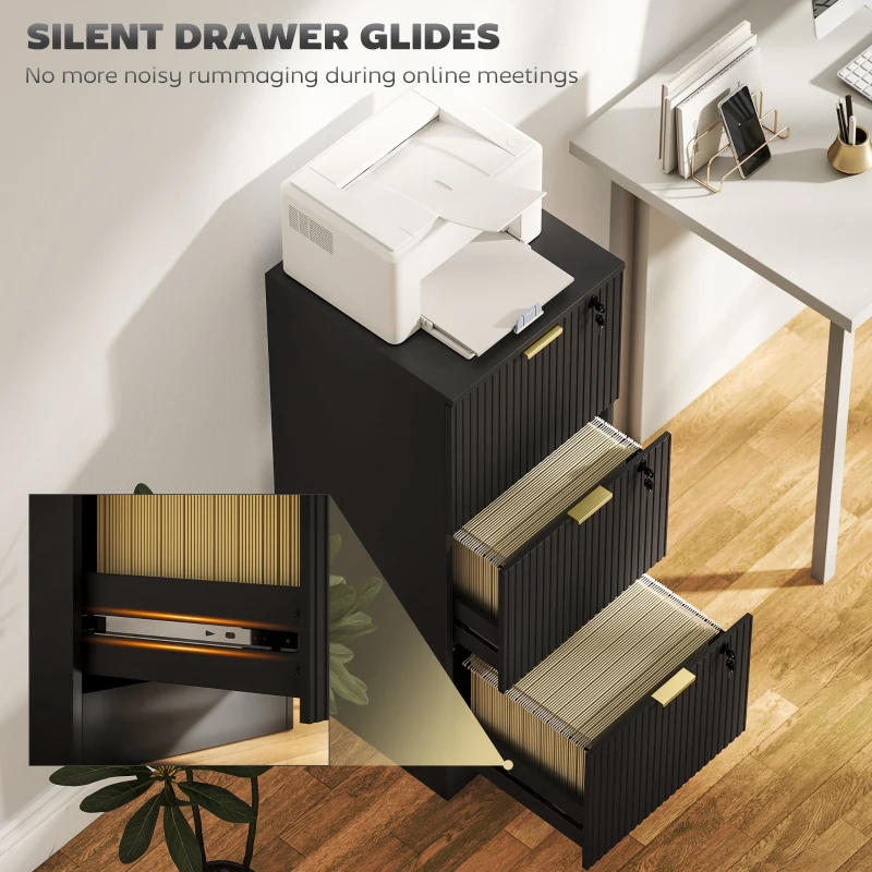 HOMCOM Lockable Filing Cabinet with 3 Fluted Drawers, File Cabinet with Adjustable Hanging Rails for A4 Letter Files, Black