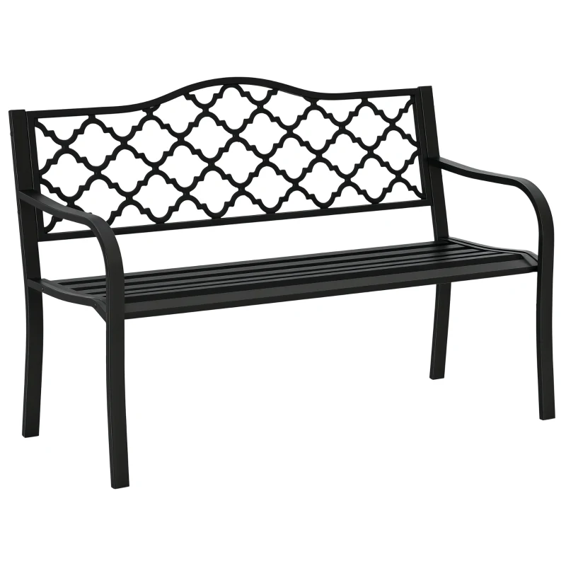 Outsunny 2-Seater Steel Garden Bench, Antique Outdoor Loveseat with Armrests and Chic Backrest for Yard, Lawn, Patio, Black