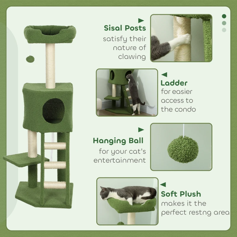 PawHut 47" Tall Cat Tree Tower with Condo, Ladder, Scratching Posts and Hanging Ball, Green