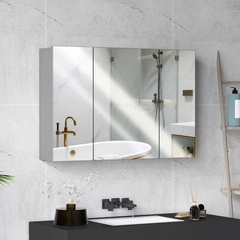 kleankin 35" x 24" Wall Mounted Mirror Cabinet, Bathroom Medicine Cabinet with Mirror, 3 Doors and Adjustable Shelves, Grey