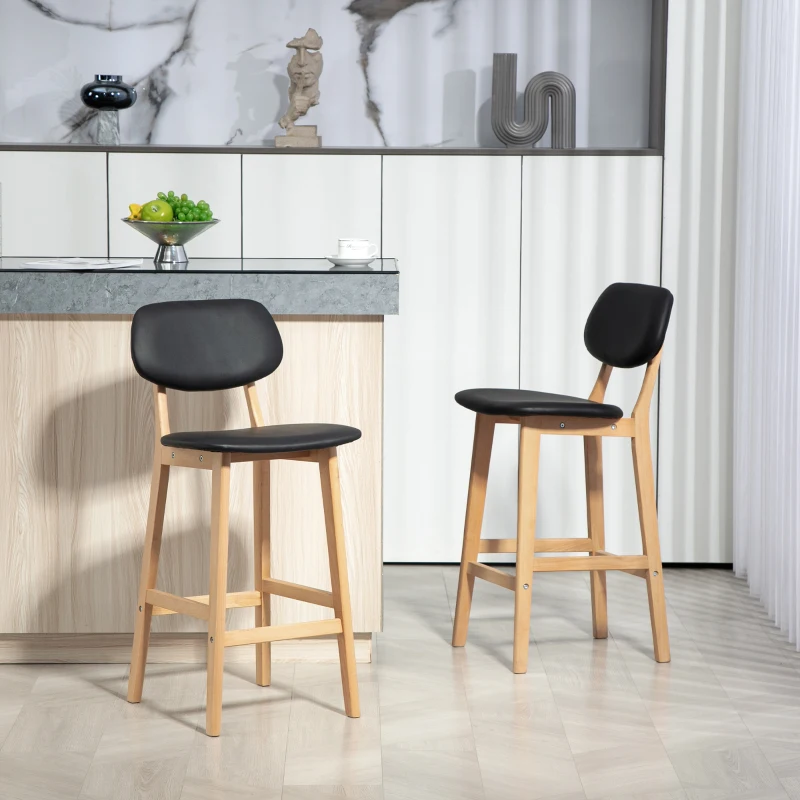 HOMCOM Bar Stools Set of 2, PU Leather Counter Height Barstools, Bar Chairs with Footrest, Solid Wood Legs, Natural and Black