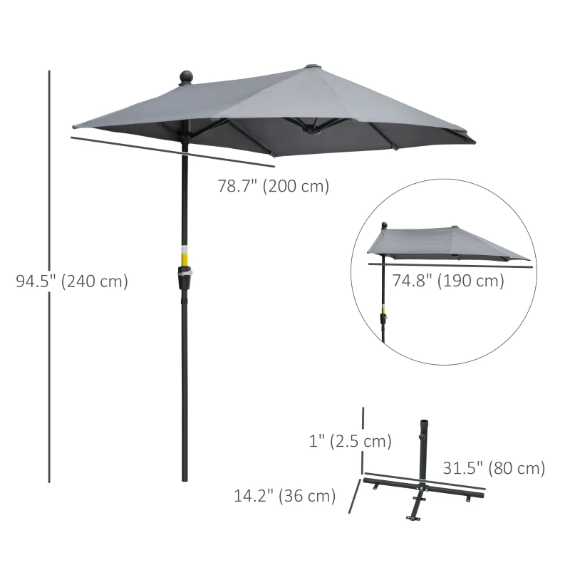 Outsunny 6.6 x 6ft Half Patio Umbrella Outdoor Parasol with Double-Sided Canopy, Crank Handle, Base for Garden, Balcony, Grey