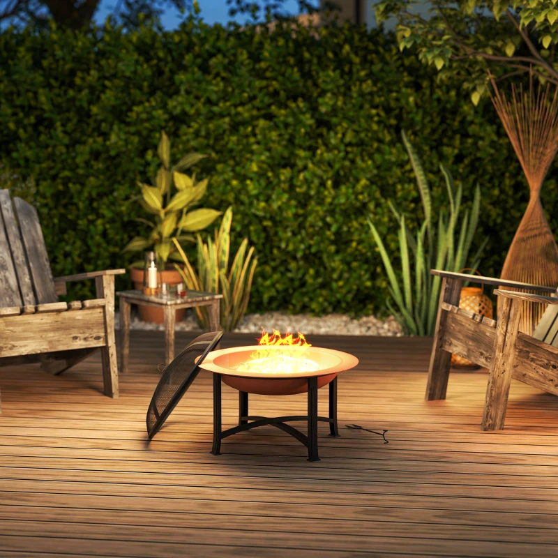 Outsunny 30" Outdoor Fire Pit Bowl, Round Fire Pit with Lid, Log Grate, Poker for Backyard, Camping, Picnic, Bronze