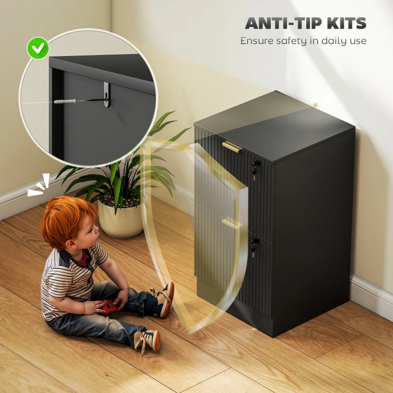 HOMCOM Lockable Filing Cabinet with 2 Fluted Drawers, File Cabinet with Adjustable Hanging Rails for A4 Letter Files, Black